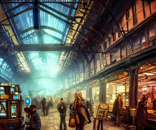 A steampunk sci-fi marketplace in Glasgow as created by hotpot.ai