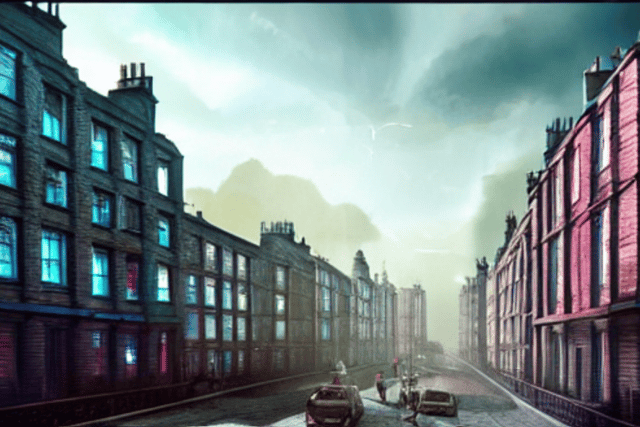 Glasgow Tenements in the sci-fi future, as imagined by Hotpot.ai