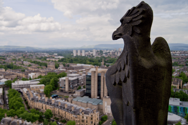 A gargoyle at the top of the University of Glasgow, looking out over the West End (Pic: Rick Adam, Flickr)