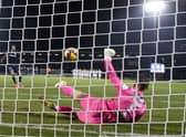 St Mirren goalkeeper Trevor Carson saves a penalty from Dundee’s Kwame Thomas during the shoot-out. (Image: SNS Group)