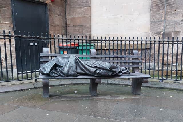 The Homeless Jesus Statue can be found around the back of St George Tron Church on Nelson Mandela Square, just off Buchanan Street