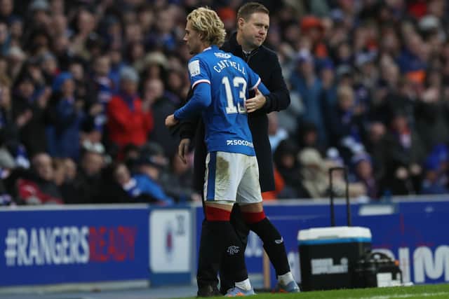 Rangers boss Michael Beale embraces Todd Cantwell after his debut