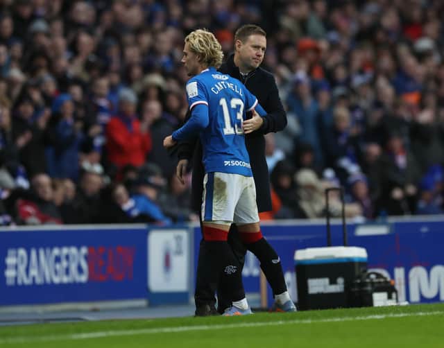 Rangers boss Michael Beale embraces Todd Cantwell after his debut