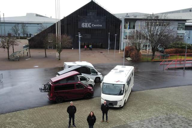 Greg Cherry, QD Events with Isla Bissett, Caledonian Campers and Calum Watson, BC Motorhomes (Image © JSH Pix)