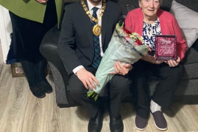Margaret was honoured with the award by local Provost Kenneth Duffy and Labour Councillor Helen Loughran