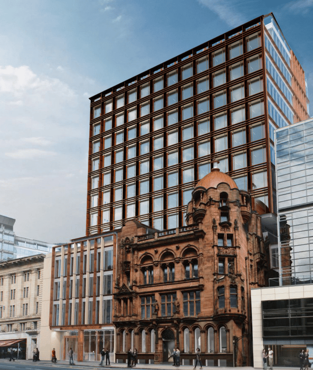 A CGI mock-up of what the block will look like upon completion - the glass-fronted building in the bottom left will replace The Admiral