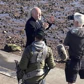 Bill Bailey was spotted filming a mystery show in a sunny seaside town. 