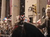 Harrison Ford pictured on horseback during the Indiana Jones trailer at the cross between Renfield Street and Saint Vincent Street