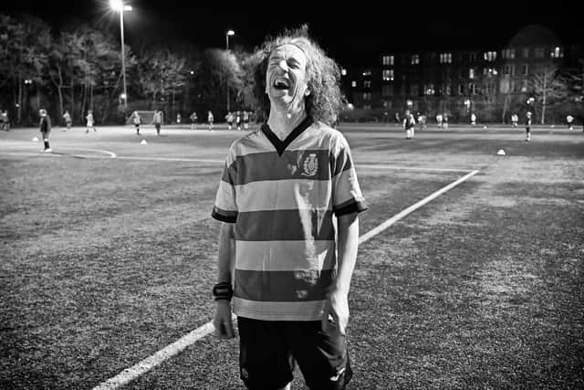 Bean from Maryhill looks fair pleased during a community football match