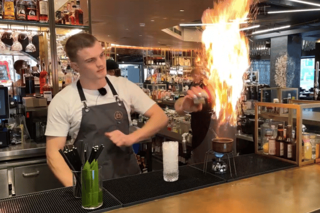 Adding cinnamon and nutmeg to the caramelised sugar and Grand Mariner adds flavour and a pretty light show to boot! Maybe don’t try this bit at home though.