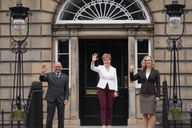 Scottish Greens leaders Patrick Harvie and Lorna Slater with Nicola Sturgeon at Bute House in Edinburgh