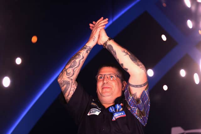Gary Anderson of Scotland acknowledges the crowd at the PDC World Darts Championships at Alexandra Palace in January 2017