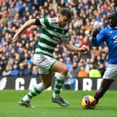 James Forrest of Celtic takes on Glen Kamara of Rangers during an Old Firm derby at Ibrox in January