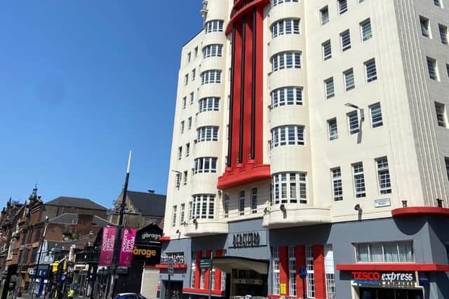 The Beresford Building on Sauchiehall Street in the mid-afternoon sun