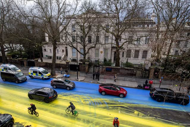 The Ukraine flag painted on the road outside the Russian Embassy in London (Photo: Led by Donkeys)