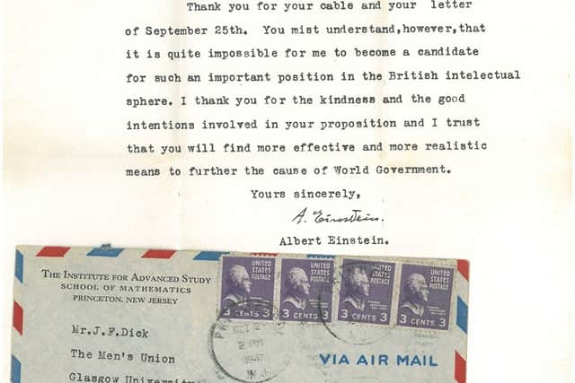 A written letter from Albert Einstein in response to The Men’s Union of University of Glasgow asking him to become Rector.