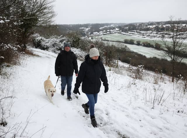 A couple walk their dog in the snow at Dartland Banks nature reserve near Hampstead.