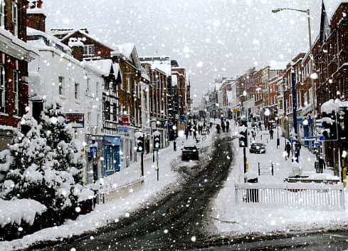 Guildford, Surrey, England. High street in the snow.