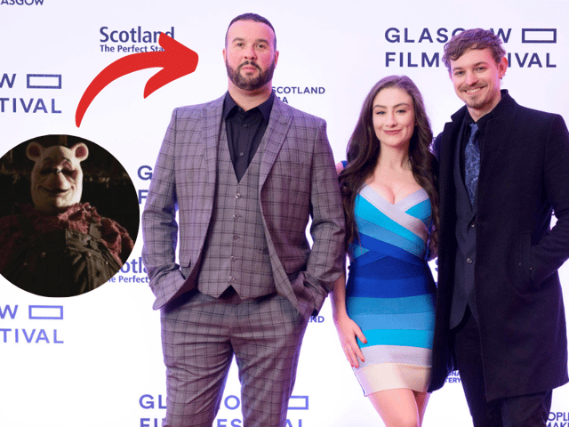 The cast of Winnie the Pooh: Blood and Honey on the Red carpet for the UK premiere of the film at Glasgow Film Festival for Fright Fest at Glasgow Film Theatre. From left to right: Craig-David Dowsett, Amber Doig-Thorne, and Nikolai Leon