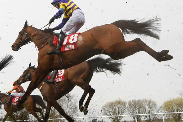 Derek Fox on Corach Rambler (blue and yellow kit) jump a fence in the The Ultima Handicap Chase at Cheltenham last year