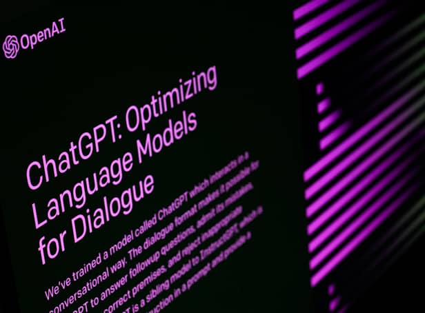 The welcome screen for the OpenAI “ChatGPT” app is displayed on a laptop screen on February 03, 2023 in London, England. 