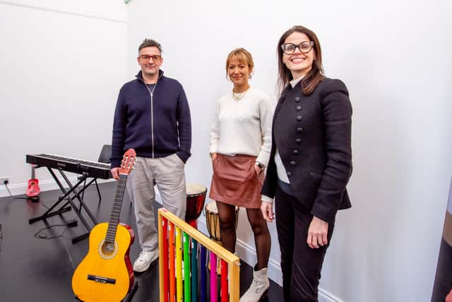 L-R Andrew Fleming-Brown (MD SWG3), Meryl Gilbert (Arts   Business Director SWG3) and Sandra Schembri (CEO Nordoff and Robbins) - please credit Iain Hanlon (.jpeg