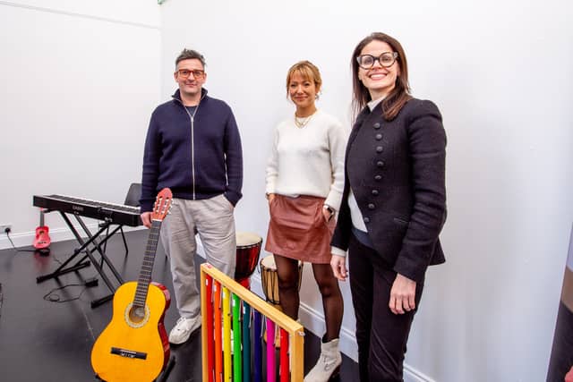 L-R Andrew Fleming-Brown (MD SWG3), Meryl Gilbert (Arts   Business Director SWG3) and Sandra Schembri (CEO Nordoff and Robbins) (Pic: Ian Hanlon) 