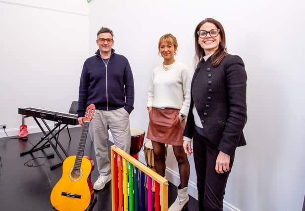 L-R Andrew Fleming-Brown (MD SWG3), Meryl Gilbert (Arts   Business Director SWG3) and Sandra Schembri (CEO Nordoff and Robbins) (Pic: Ian Hanlon) 