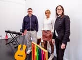 L-R Andrew Fleming-Brown (MD SWG3), Meryl Gilbert (Arts   Business Director SWG3) and Sandra Schembri (CEO Nordoff and Robbins) (Pic: Ian Hanlon) 