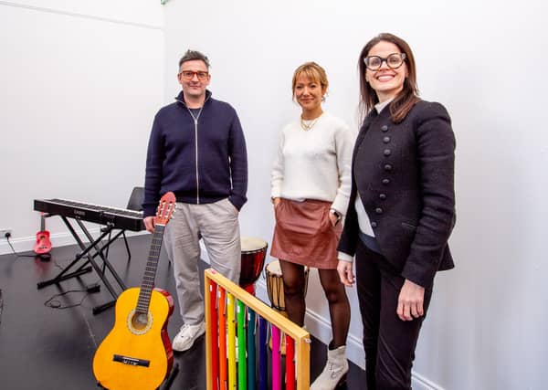 L-R Andrew Fleming-Brown (MD SWG3), Meryl Gilbert (Arts   Business Director SWG3) and Sandra Schembri (CEO Nordoff and Robbins) (Pic: Ian Hanlon) 