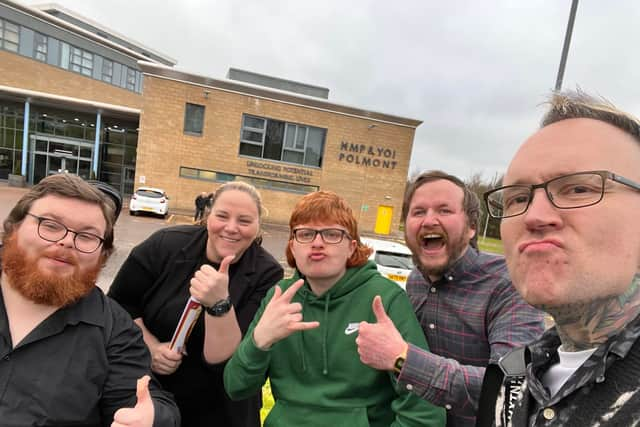 Some of the Wholesome Prison Blues crew post-performance at HMP Polmont