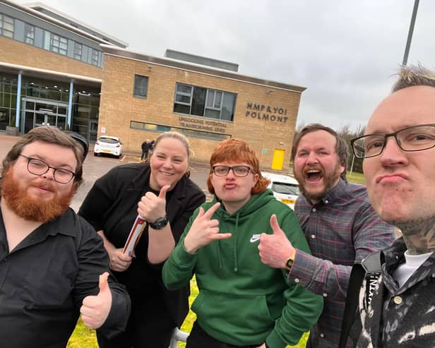 Some of the Wholesome Prison Blues crew post-performance at HMP Polmont
