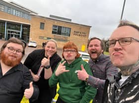 Some of the Wholesome Prison Blues crew post-performance at HMP Polmont