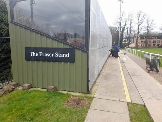 The Fraser Stand at Hillhead Sports Club, opened in August 2015, is fully covered and includes provision for three disabled spectators (Image: Gary Kitchener, Barney the dog, Andy Scott)