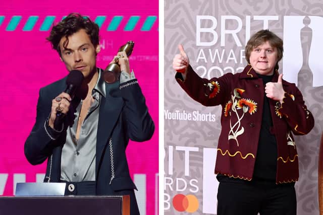 Lewis Capaldi embraced and kissed Harry Styles last month at the Brit Awards 2023. (Photo Credit: Getty Images)