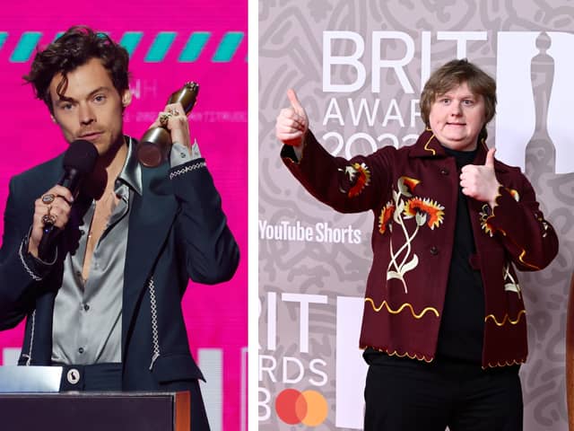 Lewis Capaldi embraced and kissed Harry Styles last month at the Brit Awards 2023. (Photo Credit: Getty Images)