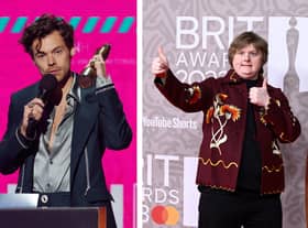 Lewis Capaldi embraced and kissed Harry Styles last month at the Brit Awards 2023. (Photo Credit: Getty Images)