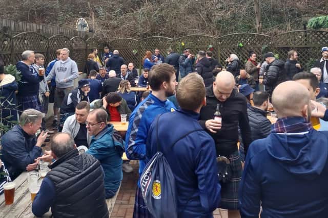 Scotland fans packed out the pub’s new outdoor garden ahead of the Euro 2024 qualifier against Cyprus (Image: Elaine Ferrie)