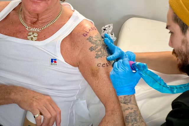 S ir Rod Stewart got a tattoo of the Glasgow Celtic Scottish FC team logo at the end of the Australasian leg of his world tour.  The rocker, 78, visited a local body art parlour in Auckland, New Zealand and had the image inked onto his shoulder.