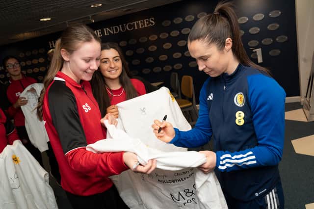 Girls from the Giffnock Soccer Centre Under-16 team got the chance to meet some of their Scotland Women’s idols