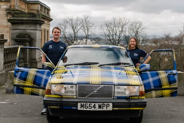 Stewart and Lucy Alexander with ‘Bella’ - the car they bought for less than £1000 to rally around Europe to raise funds for the Doddie foundation