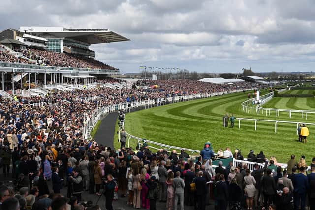 A general view as racegoers watch runners in the EFT Construction Handicap Hurdle race during Aintree Races 