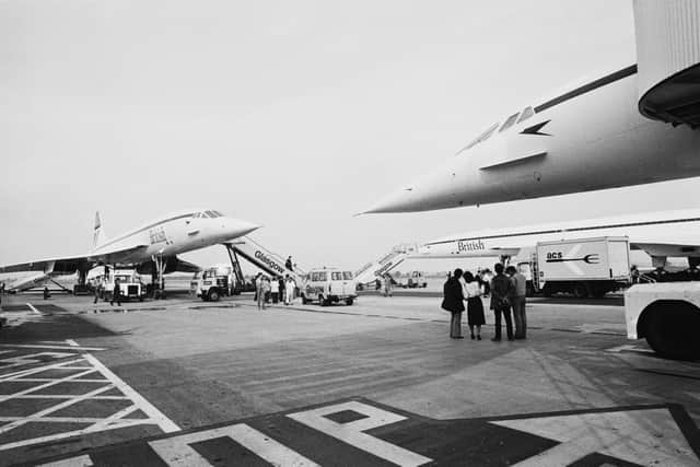 British Airways Concorde airplanes at Glasgow Airport, 31st August 1983.