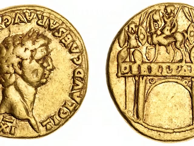 The gold aureus celebrating the conquest in AD 43 was uncovered among the ruins of a suburb five kilometres north of the archaeological site in southern Italy’s Campania region.