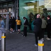 Shoppers queue up at Aldi in Ancoats, Manchester today to buy the new flavours of the viral energy drink Prime, which is limited to one flavour per customer (SWNS)