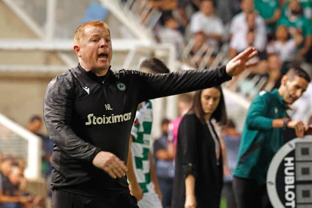 Neil Lennon directs his players during the UEFA Europa League group E football match between Cyprus' Omonia Nicosia and England's Manchester United