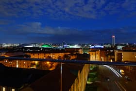 Glasgow’s skyline at night from the Finnieston balcony