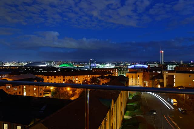 Glasgow’s skyline at night from the Finnieston balcony