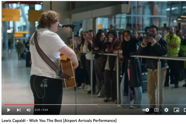 Lewis Capaldi plays ‘Wish You The Best’ at Heathrow Airport’s international arrivals hall