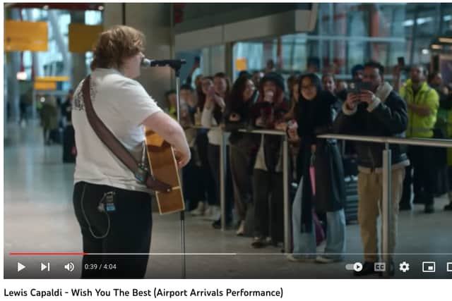 Lewis Capaldi plays ‘Wish You The Best’ at Heathrow Airport’s international arrivals hall 